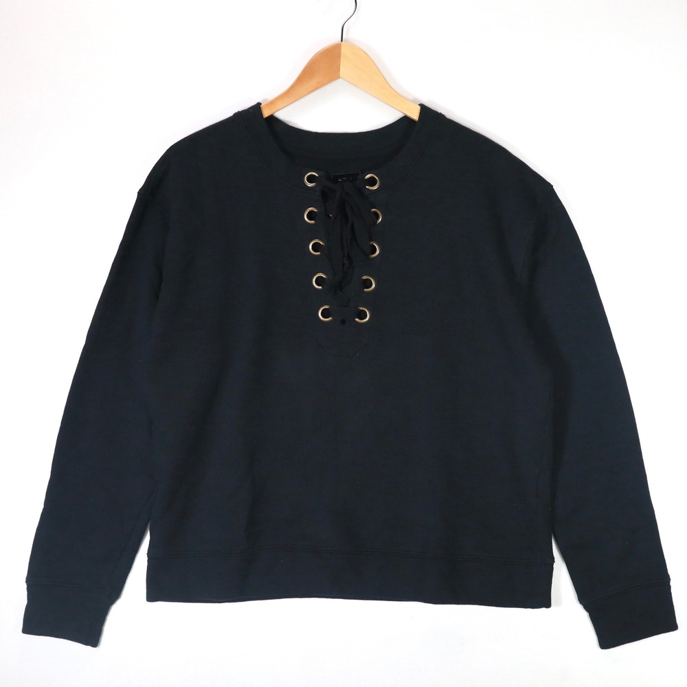 MOTHER Women's Sweatshirt Large Black Lace Up Front Cotton French Terry Pullover